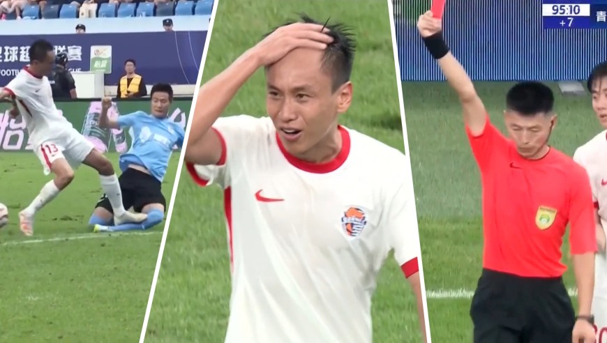 下脚太狠：前山东泰山悍将鞋钉猛踩倒地对手小腿，被裁判直接红牌罚下一脸懊恼