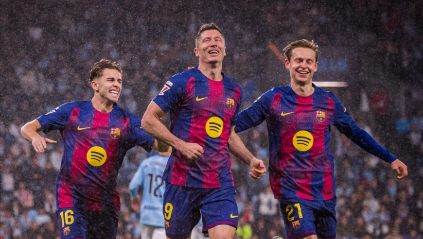 巴萨4-2塞尔塔集锦：莱万戴帽亚马尔破门 费尔明造点德容染红