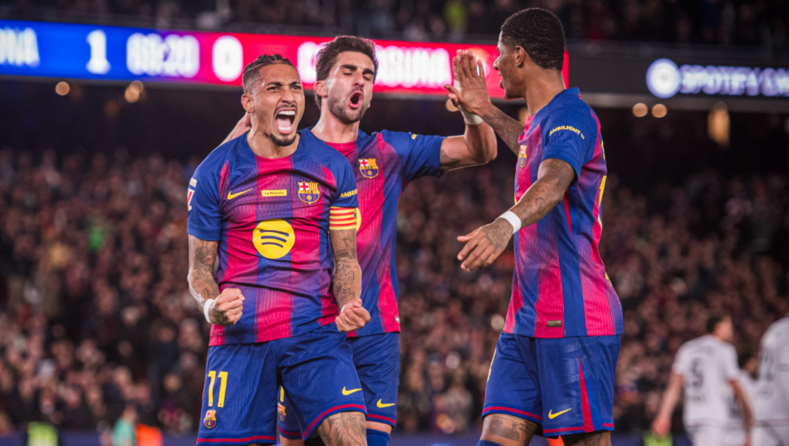 巴萨2-0奥萨苏纳集锦：拉菲尼亚双响 费兰、埃兰多进球被吹