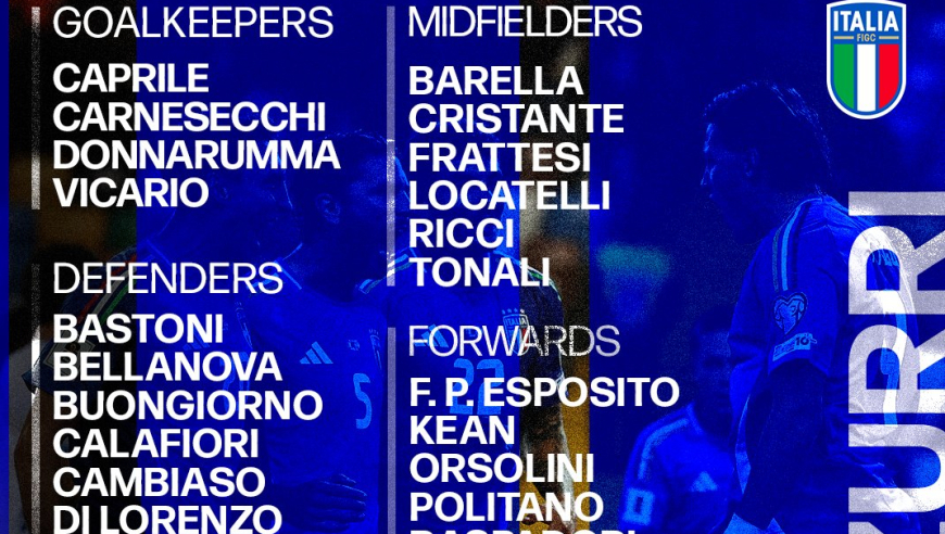 官方：意大利公布新大名单，多纳鲁马、托纳利领衔英超四将