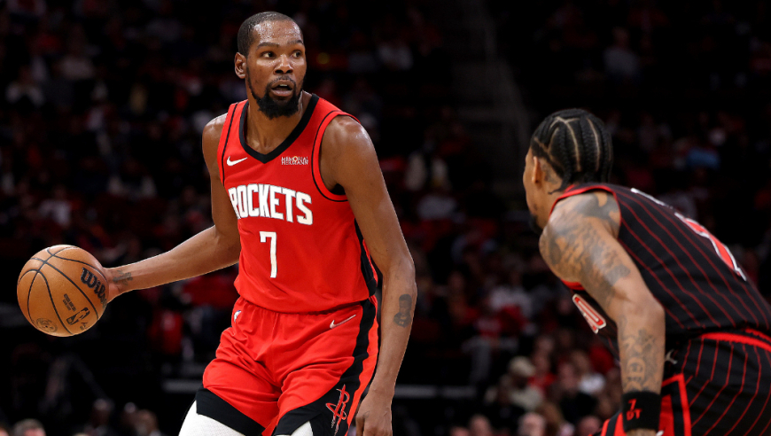 火箭公牛决胜时刻：杜兰特两次劈扣+小贾连拿8分 火箭轰16分定胜局