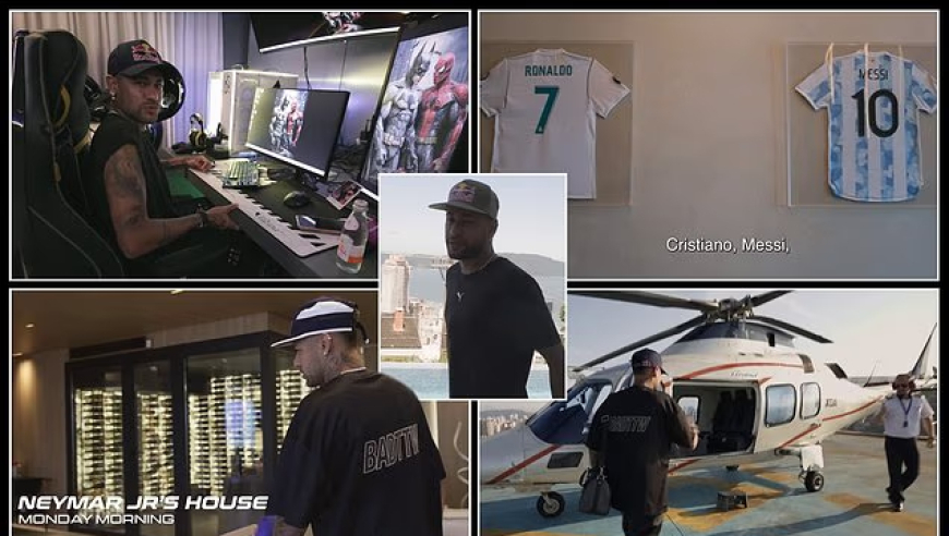 内马尔豪宅曝光：墙上挂梅西C罗球衣，美艳妻子与可爱女儿出镜！