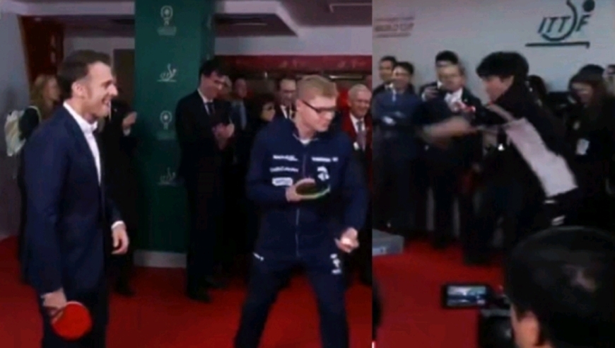 反手“暴抽”法国总统！王楚钦林诗栋与马克龙对练 大头一板全场爆笑