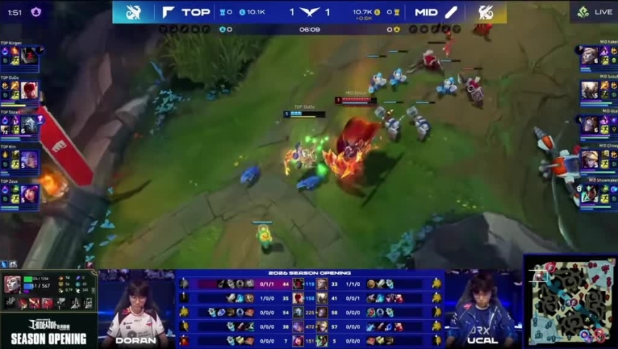 Scout超雄潘森带飞Faker ～2026LCK季前赛～ 中单队 1-0 上路队：Scout潘森发力，中单队挺进决赛