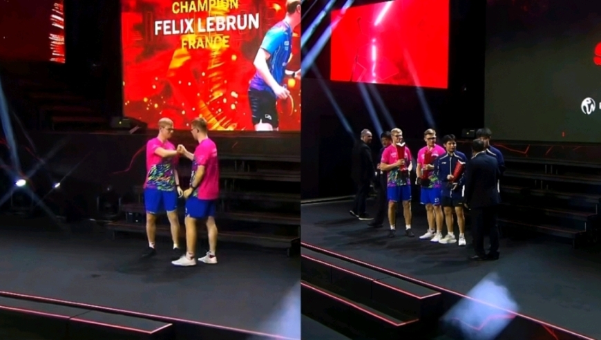 男双颁奖仪式：刘国梁与林诗栋黄友政握手并拍肩膀安慰！勒布伦兄弟独特方式上台