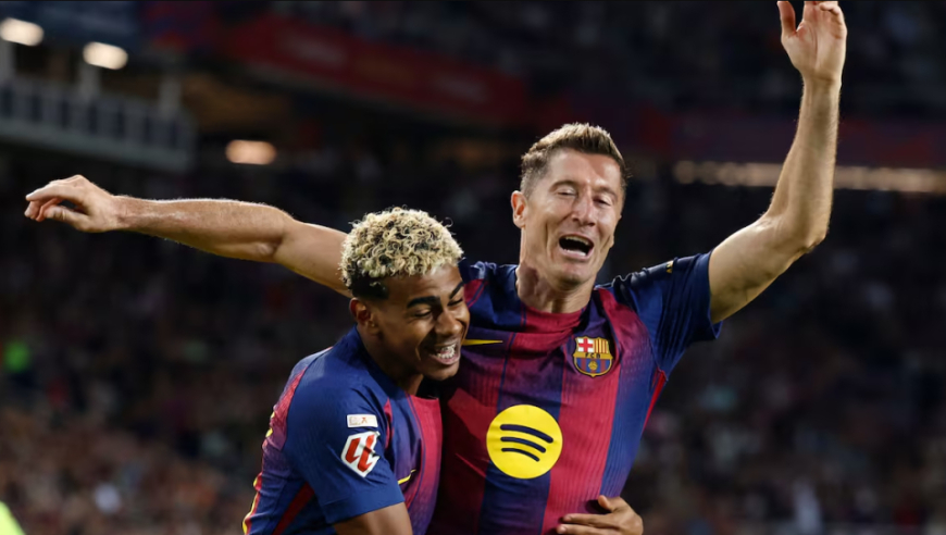 西甲：巴萨2-1逆转夺4连胜超皇马登顶 莱万破门亚马尔拉什福德助攻