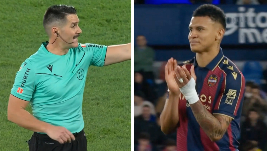 西甲悍将不满判罚向裁判鼓掌，10秒连吃两黄被红牌罚下，不服气继续鼓掌被队长推出场