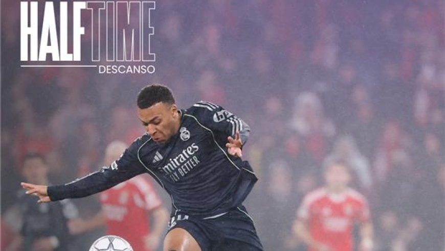 本菲卡2-1皇马半场数据：控球率37%-63%，xG2.42-0.35