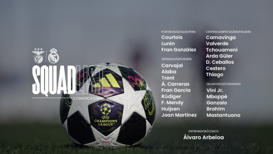 皇马vs本菲卡名单：姆巴佩领衔，米利唐/贝林/罗德里戈缺席