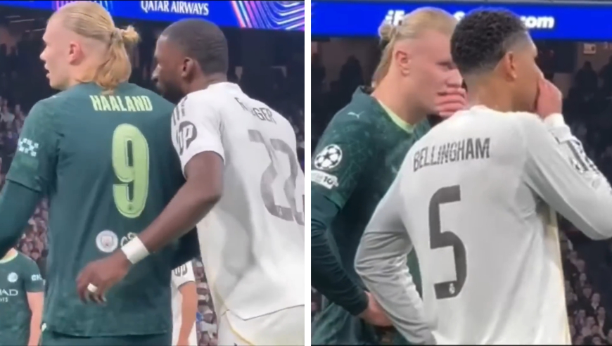 实拍曼城逆转皇马3个进球，哈兰德遭吕迪格形影不离抱式盯防，与贝林厄姆捂嘴密谈