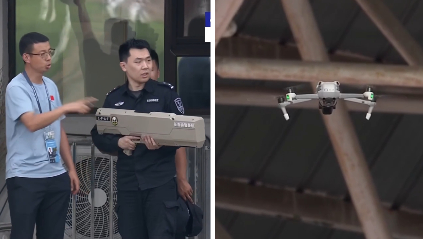 中超赛场上空突现无人机，比赛中断球员教练一脸懵，专业人员亮出特殊设备欲“击落”