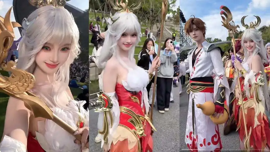 付慧琳cos公孙离，去现场看kpl，身穿白色紧身衣裙，实在太抢眼