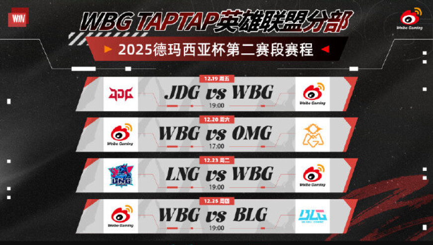WBG公布德杯赛程：今日战JDG，25日战BLG