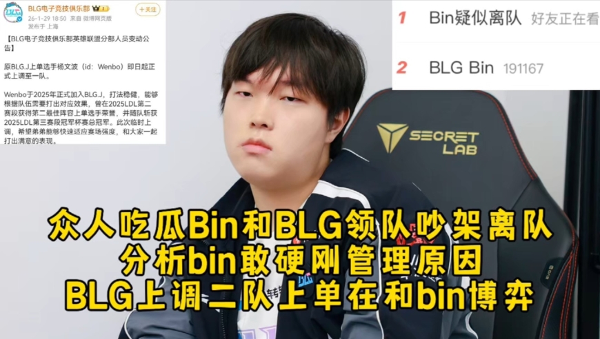 众人吃瓜Bin和BLG领队吵架离队，分析bin敢硬刚管理层原因，BLG上调二队上单在和bin博弈！