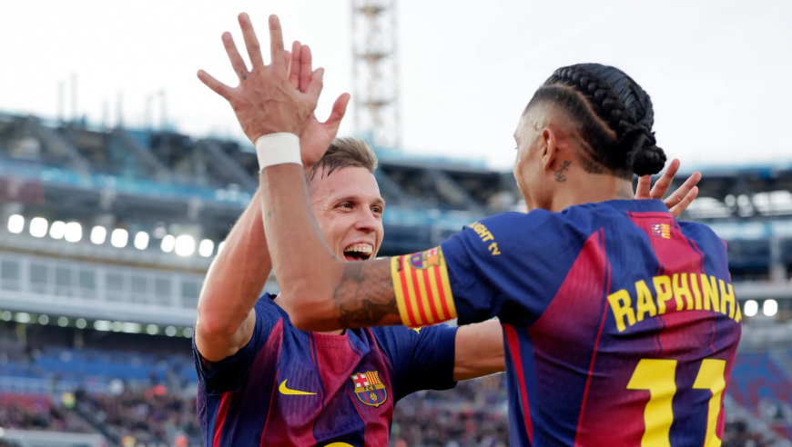 西甲：巴萨3-1逆转阿拉维斯 奥尔莫梅开二度 亚马尔传射建功