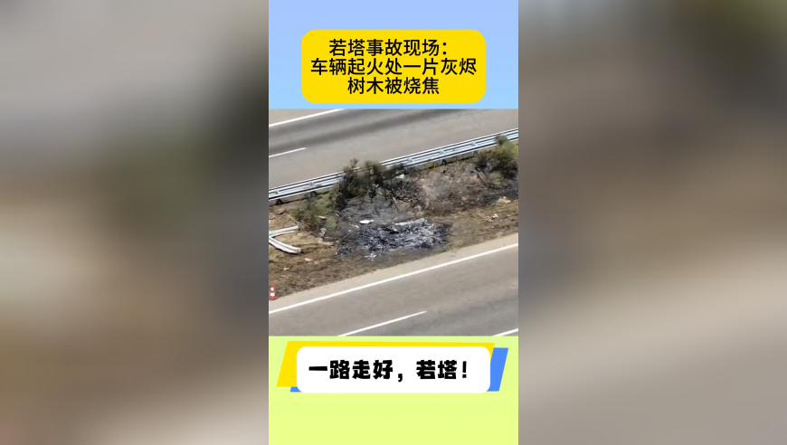 若塔事故现场：车辆起火处一片灰烬，树木被烧焦，熊熊大火无情