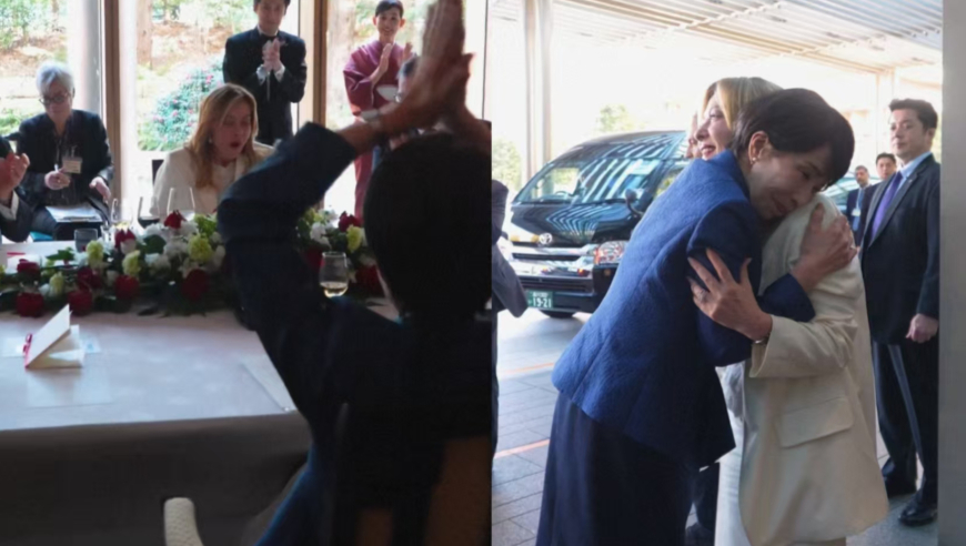 高市早苗为梅洛尼庆生：双手举过头顶又唱又拍，送别时紧紧相拥、头贴肩膀