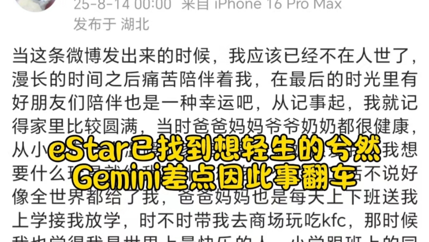 eStar已找到想轻生的兮然
Gemini差点因此事翻车
