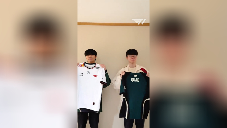 Faker和Quad交换队服的视频：FLY加油