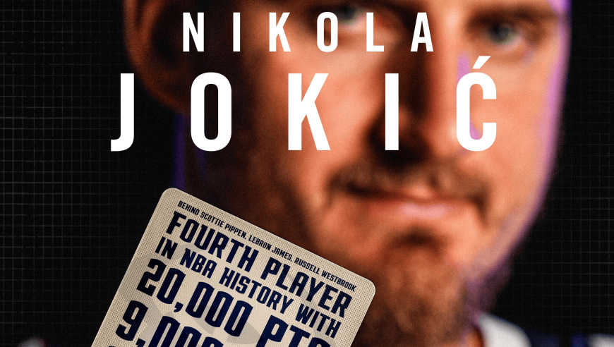 掘金官方：约基奇2万分9千篮板6千助攻1千三分，历史第四人