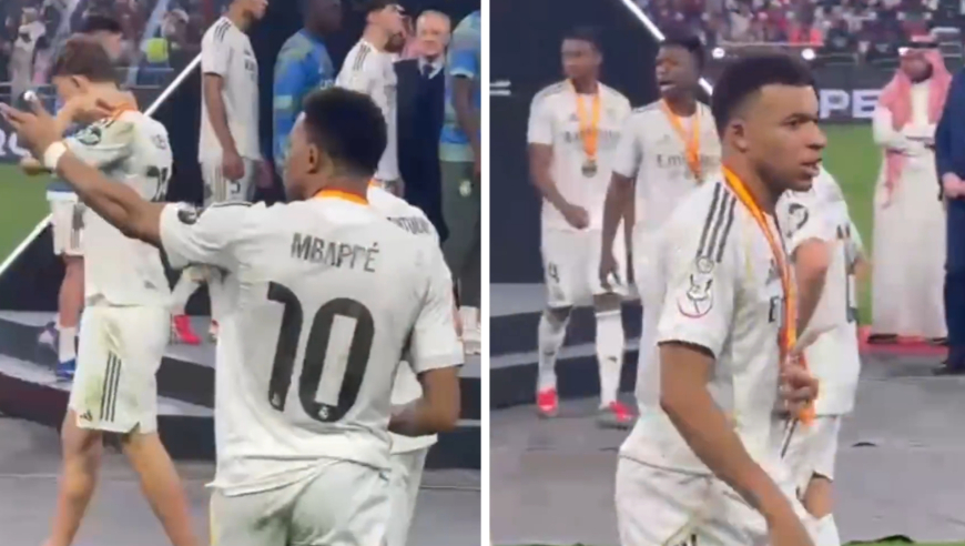 西超杯颁奖礼姆巴佩上演尴尬一幕：让皇马队友别为巴萨鼓掌，并催促尽快离开